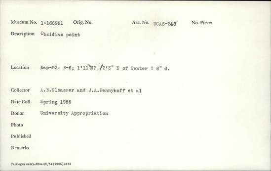 Documentation associated with Hearst Museum object titled Point, accession number 1-166991, described as Obsidian.