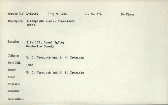 Documentation associated with Hearst Museum object titled Projectile point, accession number 1-51699, described as Arrow point blank, Franciscan chert.