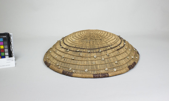 Hearst Museum object 2 of 3 titled Basket, accession number 1-28802, described as Openwork lattice tray. Red and white wrapping on rim, exterior clamshell beads.