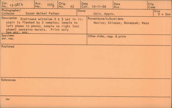 Documentation associated with Hearst Museum object titled Black-and-white print, accession number 13-5874, described as Staircase with stelae 2 and 3 set in it; stair is flanked by 2 temples; temple to left shown in photo; temple to right (not shown) contains murals. Print only. See accession envelope.