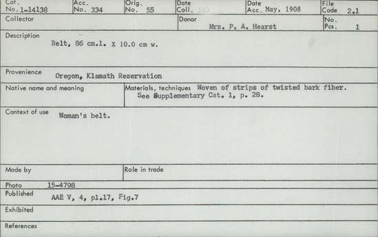 Documentation associated with Hearst Museum object titled Belt, accession number 1-14138, described as Belt; twined. Warp is split Tule (Schoenoplectus acutus), weft is Tule.