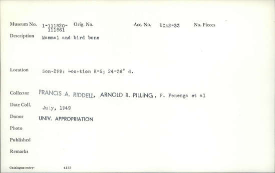 Documentation associated with Hearst Museum object titled Faunal remains, accession number 1-111860, described as Mammal and bird.