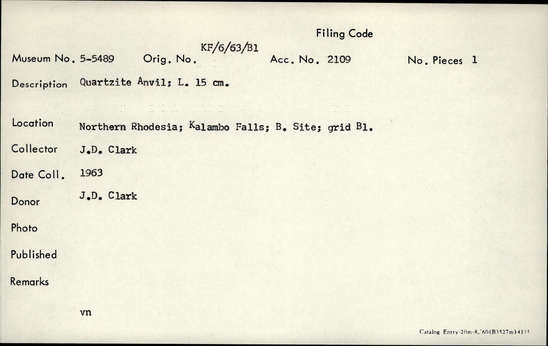 Documentation associated with Hearst Museum object titled Anvil, accession number 5-5489, described as Quartzite anvil; L. 15 cm