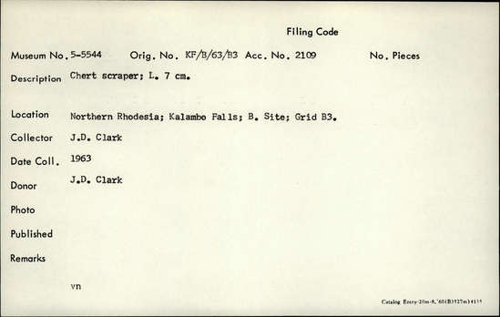 Documentation associated with Hearst Museum object titled Scraper, accession number 5-5544, described as Chert scraper; L. 7 cm