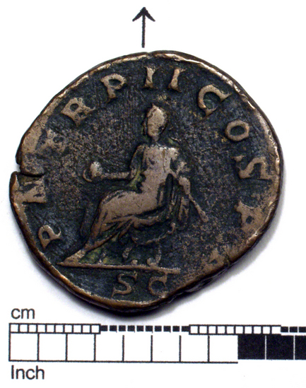 Hearst Museum object 3 of 8 titled Coin: æ sestertius, accession number 8-6243, described as Coin, Æ; Sestertius. 17.85 grams. Philippus Senior, 244-249 AD. Obverse: IMP M IVL PHILIPPVS AVG, Bust facing right, laureate, draped. Reverse: PM TRP II COS PP, SC in exergue, Emperor seated facing left on curule chair, holding globe in right hand and short scepter in left.