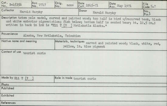 Documentation associated with Hearst Museum object titled Totem pole model, accession number 2-45356, described as Carved and painted wood totem pole model; top half is bird with recurved beak, black and white exterior pigmentation, also red, yellow, and light blue pigment used; fish below; bottom half is a seated bear. Written in back in ink is: "Eli T (? ) Metlakatla Alaska".