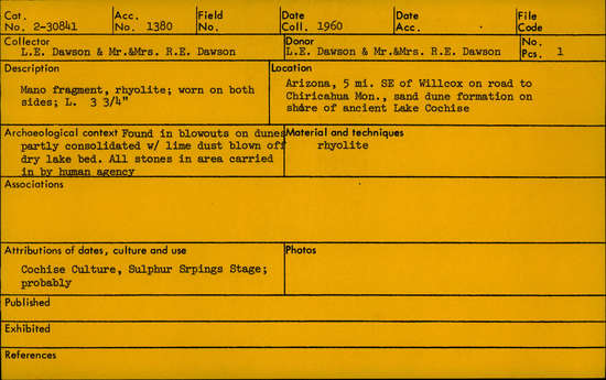 Documentation associated with Hearst Museum object titled Mano fragment, accession number 2-30841, described as Mano fragment, rhyolite; worn on both sides; length 3 3/4 inches.