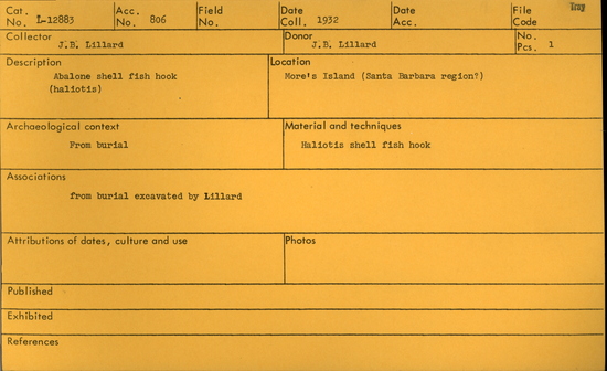 Documentation associated with Hearst Museum object titled Fishhook, accession number L-12883, described as Abalone shell