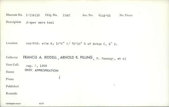 Documentation associated with Hearst Museum object titled Worked stone, accession number 1-114113, described as Jasper core.