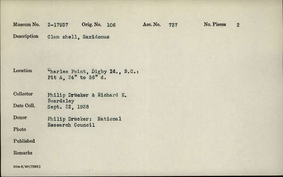 Documentation associated with Hearst Museum object titled Clam  shell, accession number 2-17937, described as Clam shell, Saxidomus