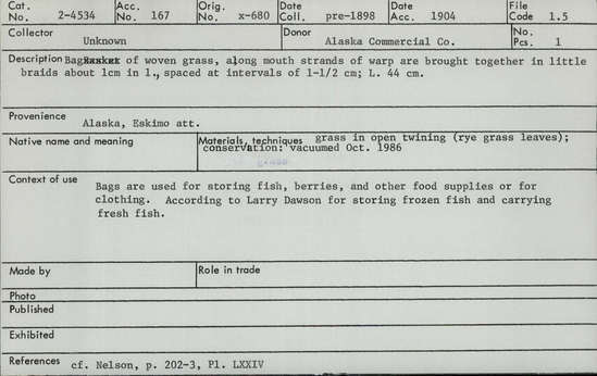 Documentation associated with Hearst Museum object titled Bag, accession number 2-4534, described as Bag of woven grass, along mouth strands of warp are brought together in little braids about 1 cm in length, spaced at intervals of 1.5 cm.  Made with grass in open twining (rye grass leaves).
