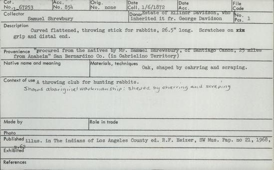 Documentation associated with Hearst Museum object titled Throwing stick, accession number 1-67253, described as Curved, flattened throwing stick.  Scratches on grip and distal end.  Shows aboriginal workmanship.  Shaped by charring and scraping.