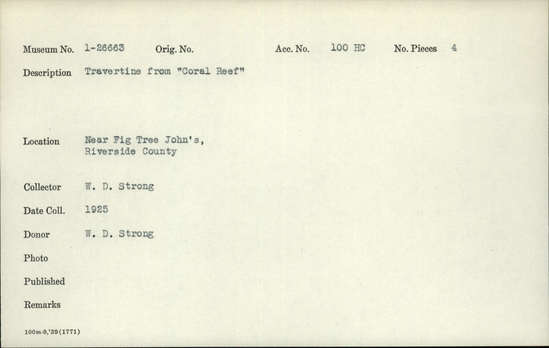 Documentation associated with Hearst Museum object titled Travertine, accession number 1-26663, described as travertine from “Coral Reef”