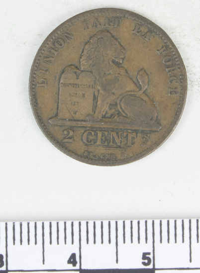 Hearst Museum object 4 of 4 titled Coin: copper 2 cent, accession number 7-3810, no description available.