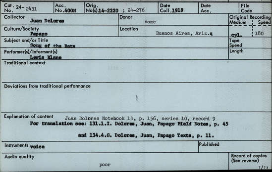 Documentation associated with Hearst Museum object titled Audio recording, accession number 24-2431, described as Song of the Bats Notebook 14, p.156 Series 10, Record 9