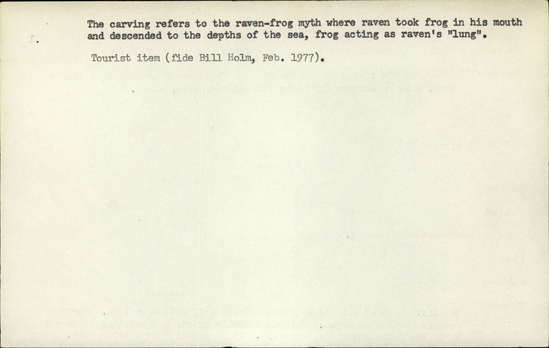 Documentation associated with Hearst Museum object titled Totemic carving, accession number 2-4792, described as Bear at top standing on frog, raven hanging from mouth of bear, wolf on bottom; painted red, blue, and black. Identification of animals by Charles Brown, June 1964.