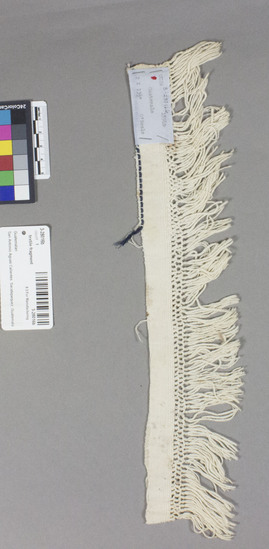 Hearst Museum object titled Textile fragment, accession number 3-28016b, described as White cotton textile fragment. 2-3 basket weave, macrame fringed with one row of dark blue at one edge. 2 X 13 1/2 inches.