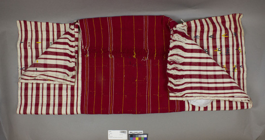 Hearst Museum object titled Huipil, accession number 3-28288, described as Cotton blouse; Plain weave, brocaded; Red, red and white stripes, varicolored geometric designs, bird motifs. Length: 168.91 cm, Width/breadth: 93.98 cm