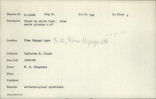 Documentation associated with Hearst Museum object titled Bowl, accession number 2-15655, described as Black on white bowl.  Wide mouth pitcher. "Archaeological specimens."  Note with pot "Pima-Papago type".