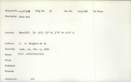 Documentation associated with Hearst Museum object titled Awl, accession number 1-127596, described as Bone awl.