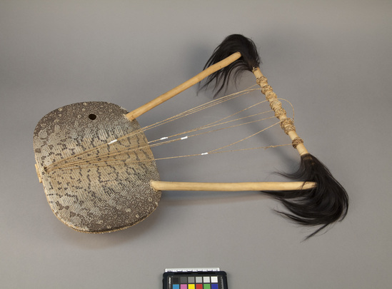 Hearst Museum object 7 of 9 titled Lyre, accession number 5-6641, described as bowl lyre; traditional lyre shape; top and side pieces straight solid cylindrical sticks; wood sound box with sound table of reptile skin; back covered with goat hide; skin lacing; 1 sound hole; 8 twisted gut strings.