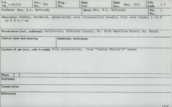 Documentation associated with Hearst Museum object titled Paddle, accession number 1-64124, described as Wooden.