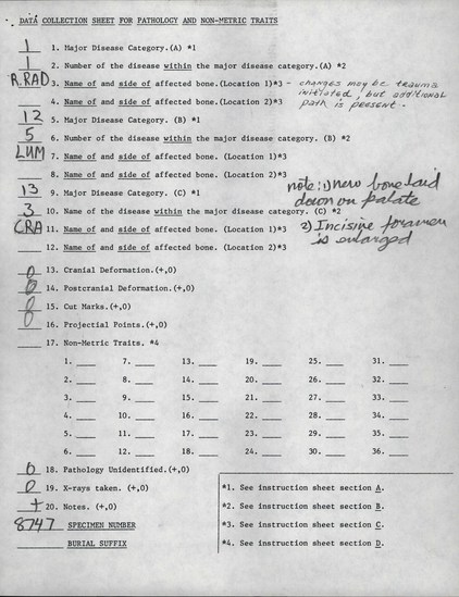 Documentation associated with Hearst Museum object titled Human remains, accession number 12-8747(0), described as Remains of one adult male.