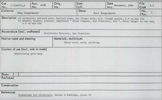 Documentation associated with Hearst Museum object titled Corkscrew, accession number 1-216927, described as a) Corkscrew, twisted wire, helical worn, one finger hole. b) Sheath, wooden, tubular, imprinted.