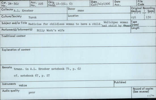 Documentation associated with Hearst Museum object titled Audio recording, accession number 24-862, described as Medicine for childless woman to have child