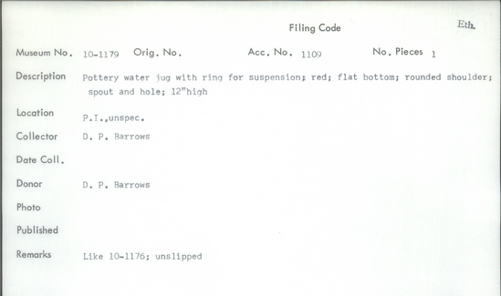 Documentation associated with Hearst Museum object titled Jug, accession number 10-1179, described as Pottery water jug with ring for suspension; red; flat bottom; rounded shoulder; spout and hole; 12” high. Like 10-1176; unslipped.