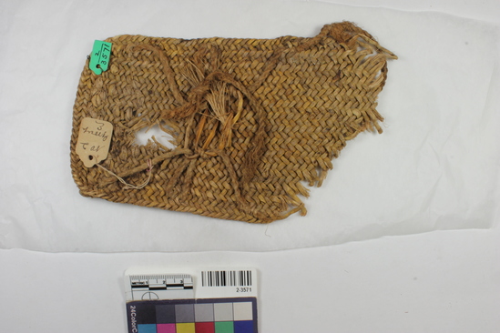 Hearst Museum object titled Sandal, accession number 2-3571, described as Yucca sandal shows long usage, twill plaited.