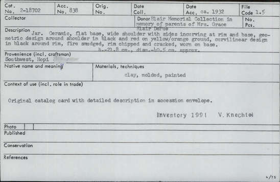 Documentation associated with Hearst Museum object titled Jar, accession number 2-18702, described as Ceramic, flat base, wide shoulder with sides incurving at rim and base, geometric design around shoulder in black and red on yellow/orange ground, curvilinear design in black around rim, fire smudged, rim chipped and cracked, worn on base. Molded and painted.