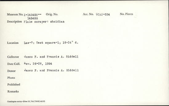 Documentation associated with Hearst Museum object titled Flake scraper, accession number 1-145452, described as Flake scraper, obsidian.