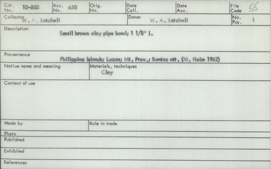 Documentation associated with Hearst Museum object titled Pipe bowl, accession number 10-803, described as Small brown clay pipe bowl