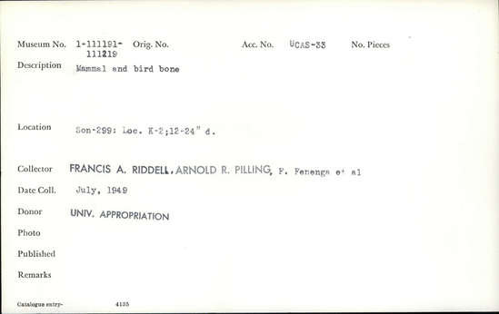 Documentation associated with Hearst Museum object titled Faunal remains, accession number 1-111204, described as Mammal and bird.