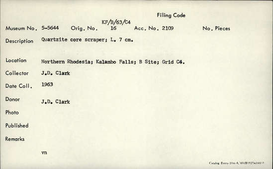 Documentation associated with Hearst Museum object titled Scraper, accession number 5-5644, described as Quartzite core scraper; L. 7 cm