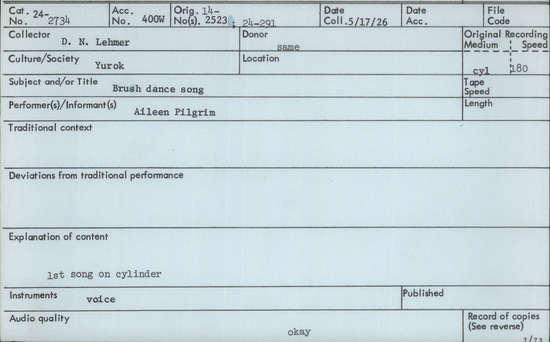 Documentation associated with Hearst Museum object titled Audio recording, accession number 24-2734, described as Brush Dance Song