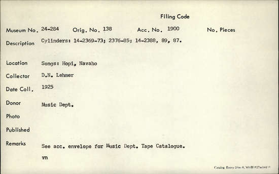 Documentation associated with Hearst Museum object titled Audio recording, accession number 24-284, described as Songs: Hopi, Navaho. See acc. envelope for music dept. tape catalogue. Cylinders: 14-2369-73, 2376-85, 14-2388, 89, 87.