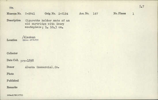 Documentation associated with Hearst Museum object titled Cigarette holder, accession number 2-5941, described as Made of an old cartridge with ivory mouthpiece.