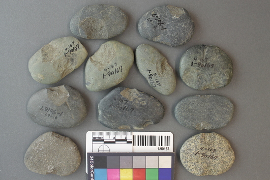 Hearst Museum object titled Sinkers, accession number 1-90167, described as Notched, pebble, below historic level