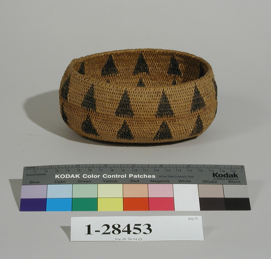 Hearst Museum object titled Basket, accession number 1-28453, described as Single rod coiled basket, elliptical triangular designs.