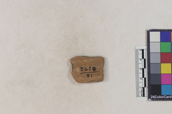 Hearst Museum object 36 of 183 titled Potsherd, accession number 16-8192, described as Potsherd: bodys Section of Manta on beach currently inhabited. Numbers  8111 to 8194 are sherds picked up on beach at low tide.