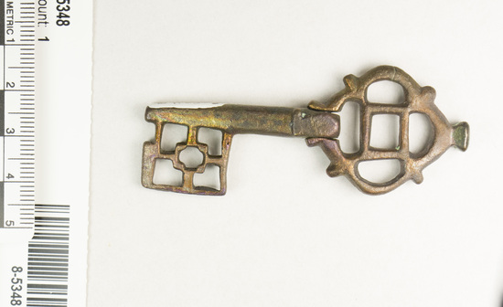 Hearst Museum object 6 of 6 titled Key, accession number 8-5348, described as Key, bronze, handle hinged 70 mm