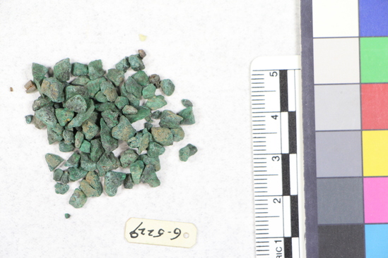 Hearst Museum object titled Mineral fragments, accession number 6-5229, described as Malachite fragments; found in bowl B 97-1