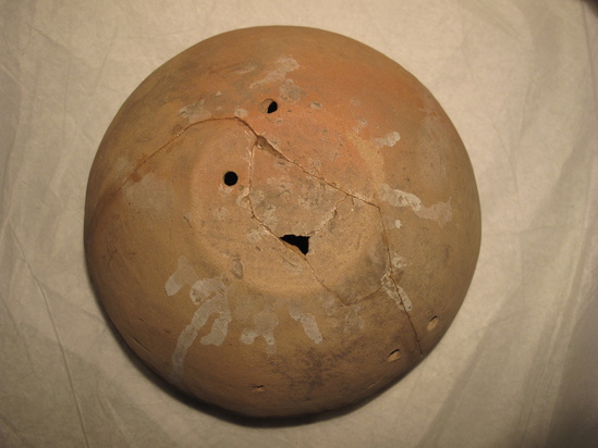 Hearst Museum object 48 of 48 titled Broken bowl, accession number 6-5108, described as Pottery: buff bowl, broken 5 small holes, slow ancient repairing; diameter 14 cm, height 8 cm.