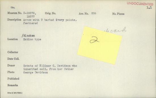 Documentation associated with Hearst Museum object titled Arrow, accession number 2-19376, described as 2 barbed ivory points, feathered.