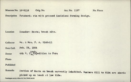 Documentation associated with Hearst Museum object titled Potsherd, accession number 16-8116, described as Potsherd: rim with pressed incisions forming design