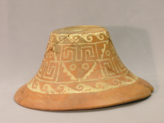 Hearst Museum object 7 of 7 titled Bowl, accession number 4-3275, described as Large jar, part red, white neck, white heron-like birds in relief, and white lattice design