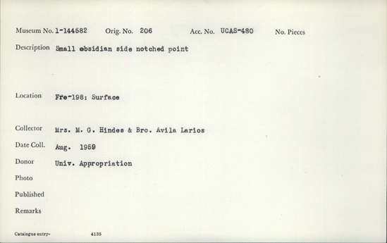 Documentation associated with Hearst Museum object titled Point, accession number 1-144582, described as Small obsidian side notched point.