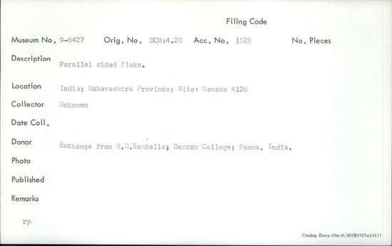 Documentation associated with Hearst Museum object titled Flake, accession number 9-6427, described as Parallel sided flake.